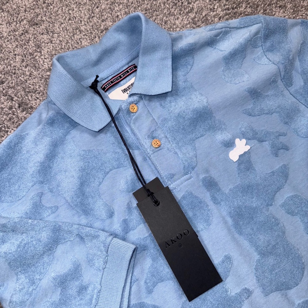 AKOO Connect Polo Mens Textured Jacquard Camo Allure Blue Size M NEW